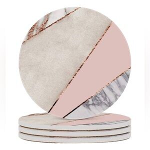 🆕 4 Ceramic Coasters Round Spliced Pink Rose Gold Grey Marble Accents Set BNIB